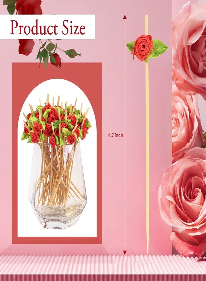 KFJBPB ١٠٠ قطعة من أعواد تزيين الكوكتيل على شكل وردة حمراء بطول ٤.٧ بوصة، أعواد أسنان لتزيين المقبلات في عيد الحب، أعواد فواكه من الخيزران، أعواد طعام لتزيين حفلات الزفاف وعيد الحب (أحمر) - Image 2